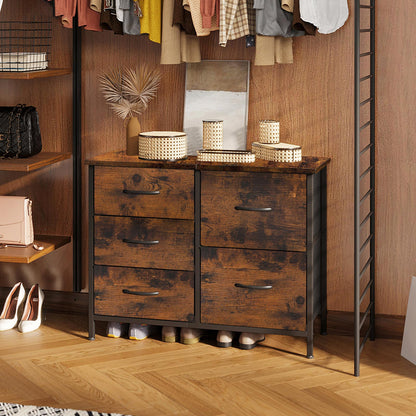 Rustic brown wood-grain double-wide 3-tier 5-drawer fabric dresser with black metal frame, horizontal storage cabinet for closet organization and bedroom clothing storage.
