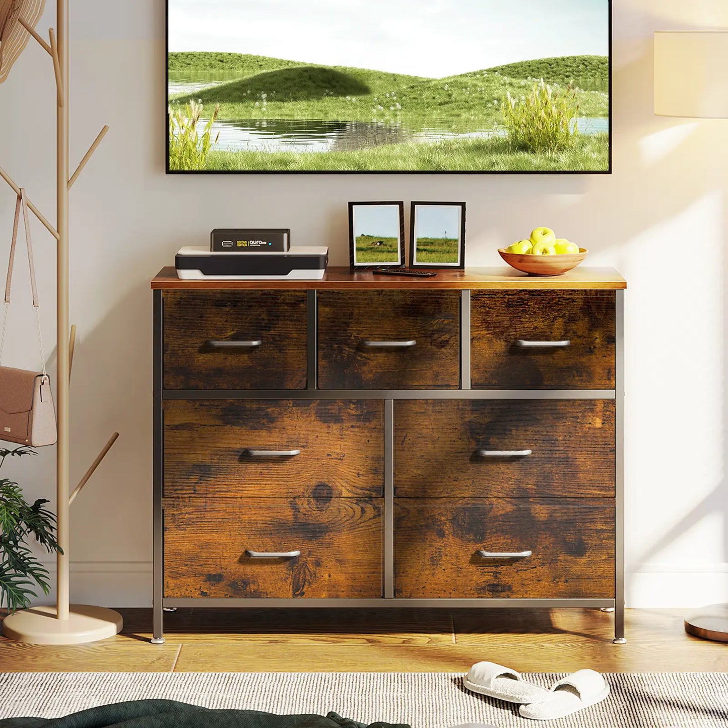 Coleshome rustic brown 7 drawer fabric storage dresser cabinet lifestyle main view