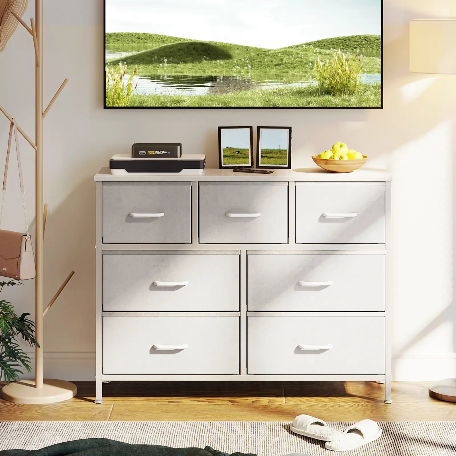Coleshome white 7 drawer fabric storage dresser cabinet lifestyle main view