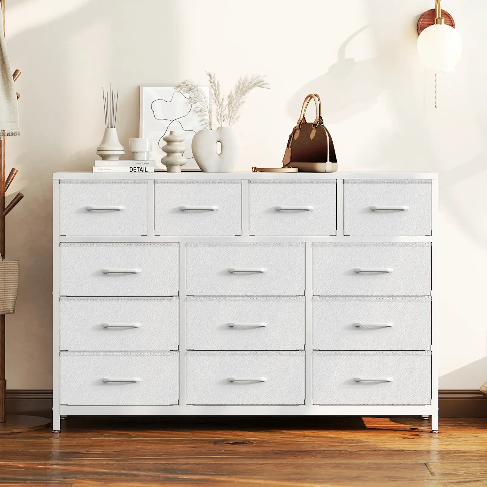 Coleshome white 55 inch 13 drawer wide fabric storage dresser cabinet close up durable build
