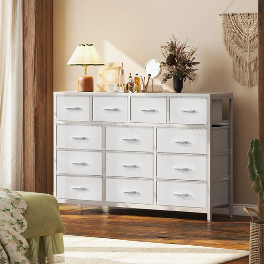 Coleshome white 55 inch 13 drawer wide fabric storage dresser cabinet lifestyle main view