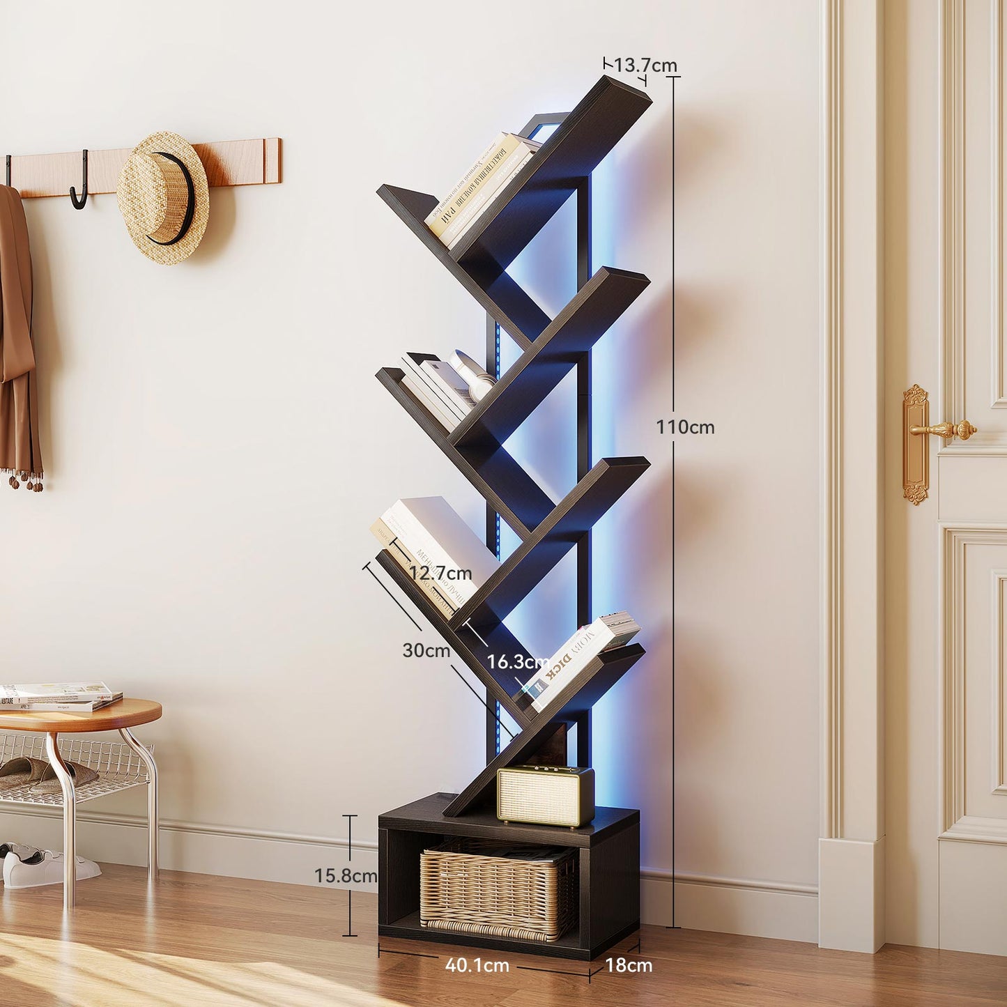 Dimensions diagram of a Coleshome tree-shaped bookcase with LED light strip, black finish, showing 110 cm height and shelf measurements