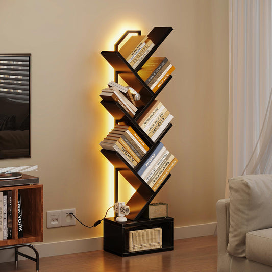 Coleshome tree-shaped bookcase with LED light strip, black finish, in a living room corner