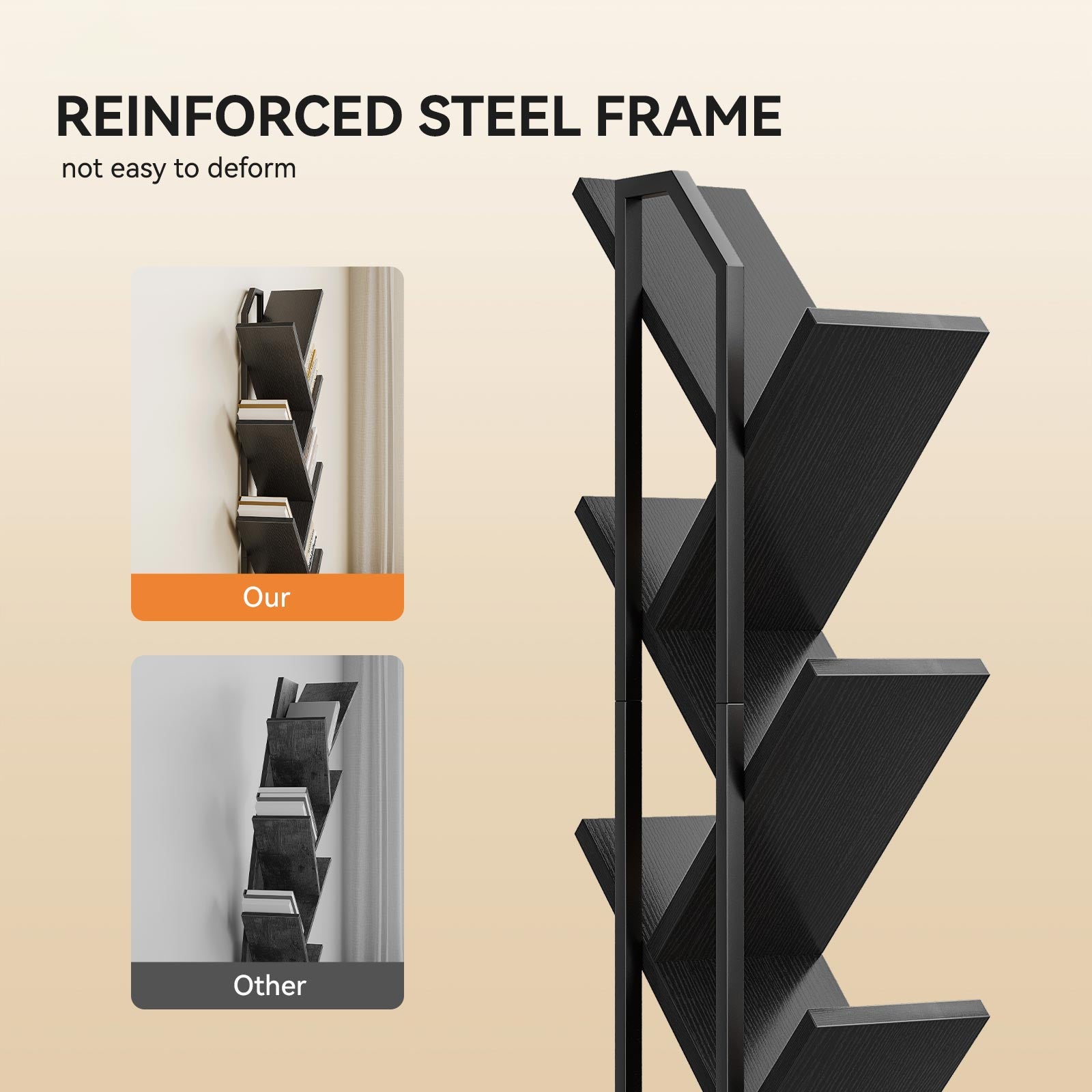 Close-up of the reinforced steel frame on a Coleshome tree bookshelf with LED lighting, black finish