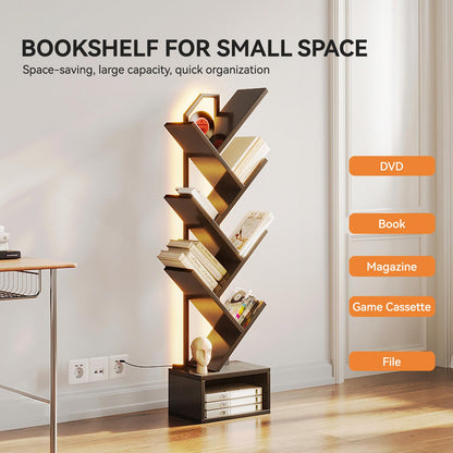Coleshome tree bookshelf with LED light strip, showing space-saving storage for books, files and media in a small room