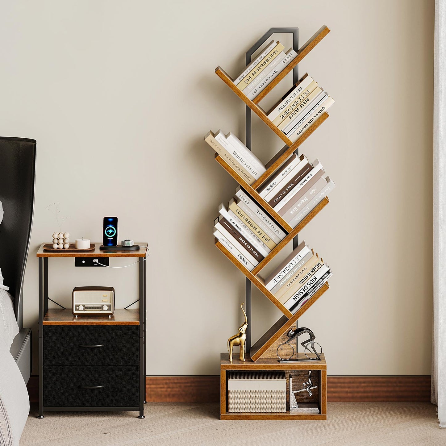 Coleshome tree-shaped bookshelf with base storage, rustic brown wood finish, styled in a bedroom corner
