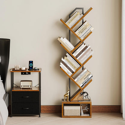 Coleshome tree-shaped bookshelf with base storage, rustic brown wood finish, styled in a bedroom corner