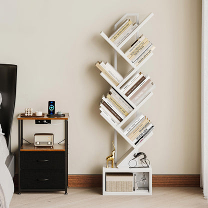 Coleshome tree-shaped bookshelf with base storage, white finish, styled in a bedroom corner