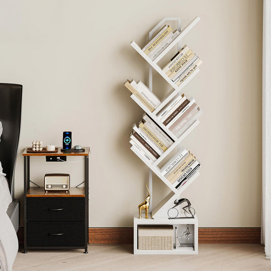 Coleshome tree-shaped bookshelf with base storage, white finish, styled in a bedroom corner
