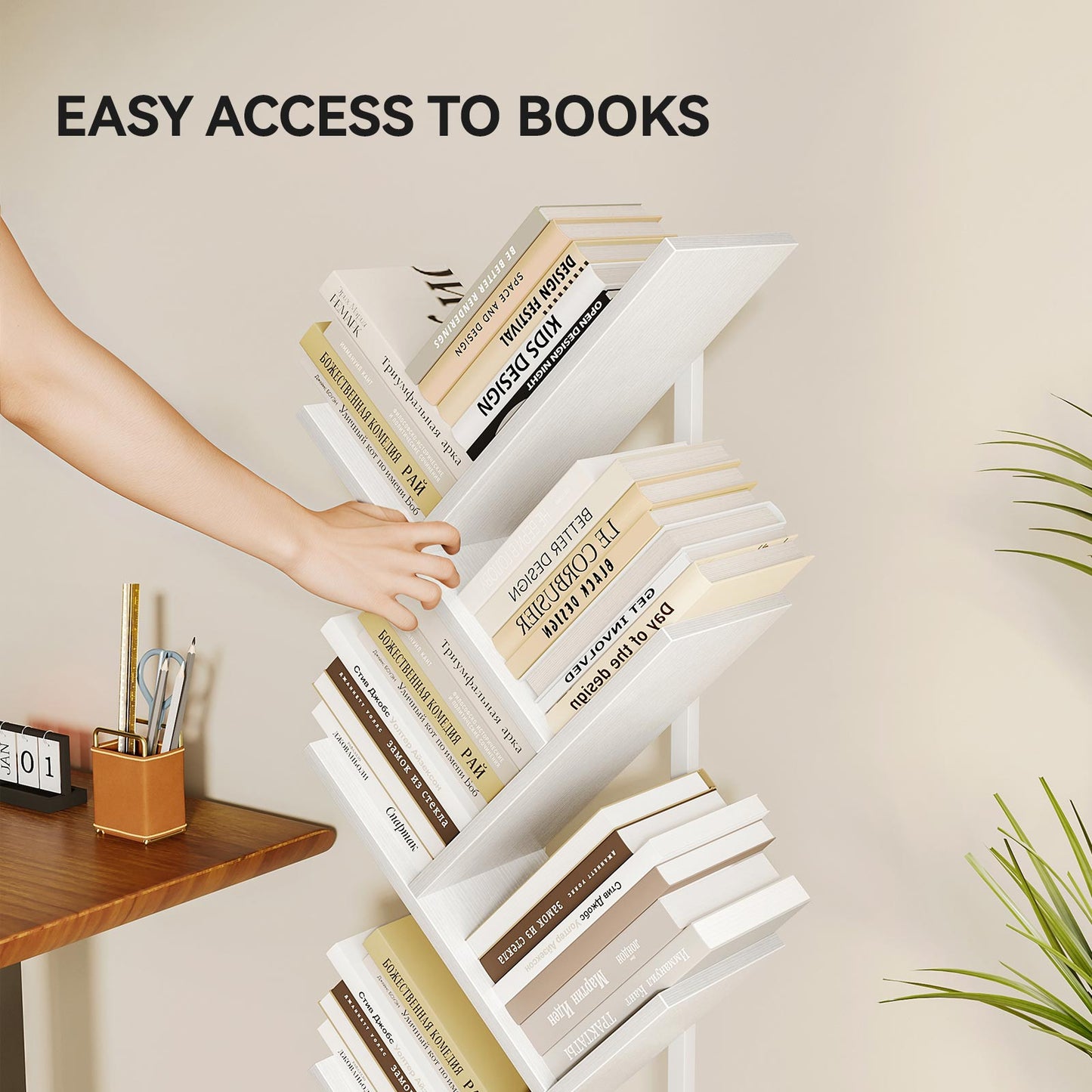 Close-up of a Coleshome tree-shaped bookshelf, white finish, showing angled shelves for easy access to books