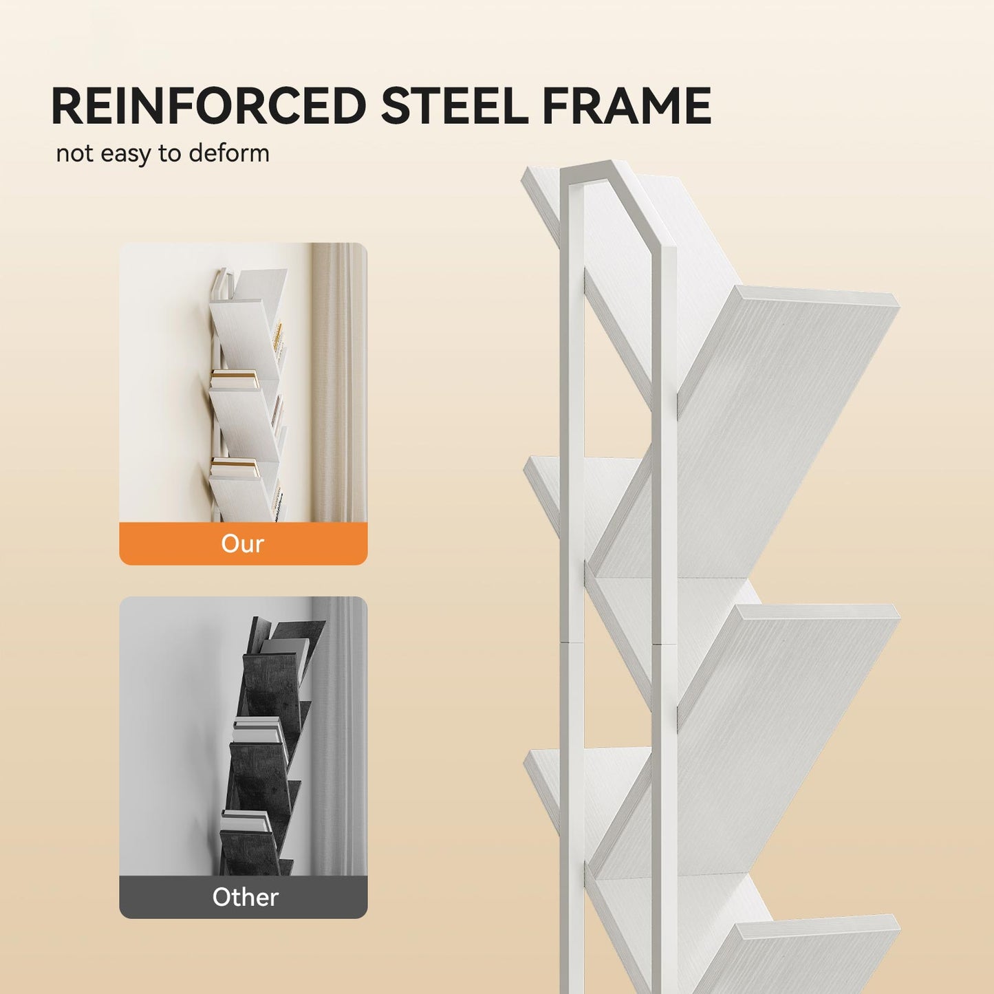 Close-up of the reinforced steel frame on a Coleshome tree-shaped bookshelf, white finish