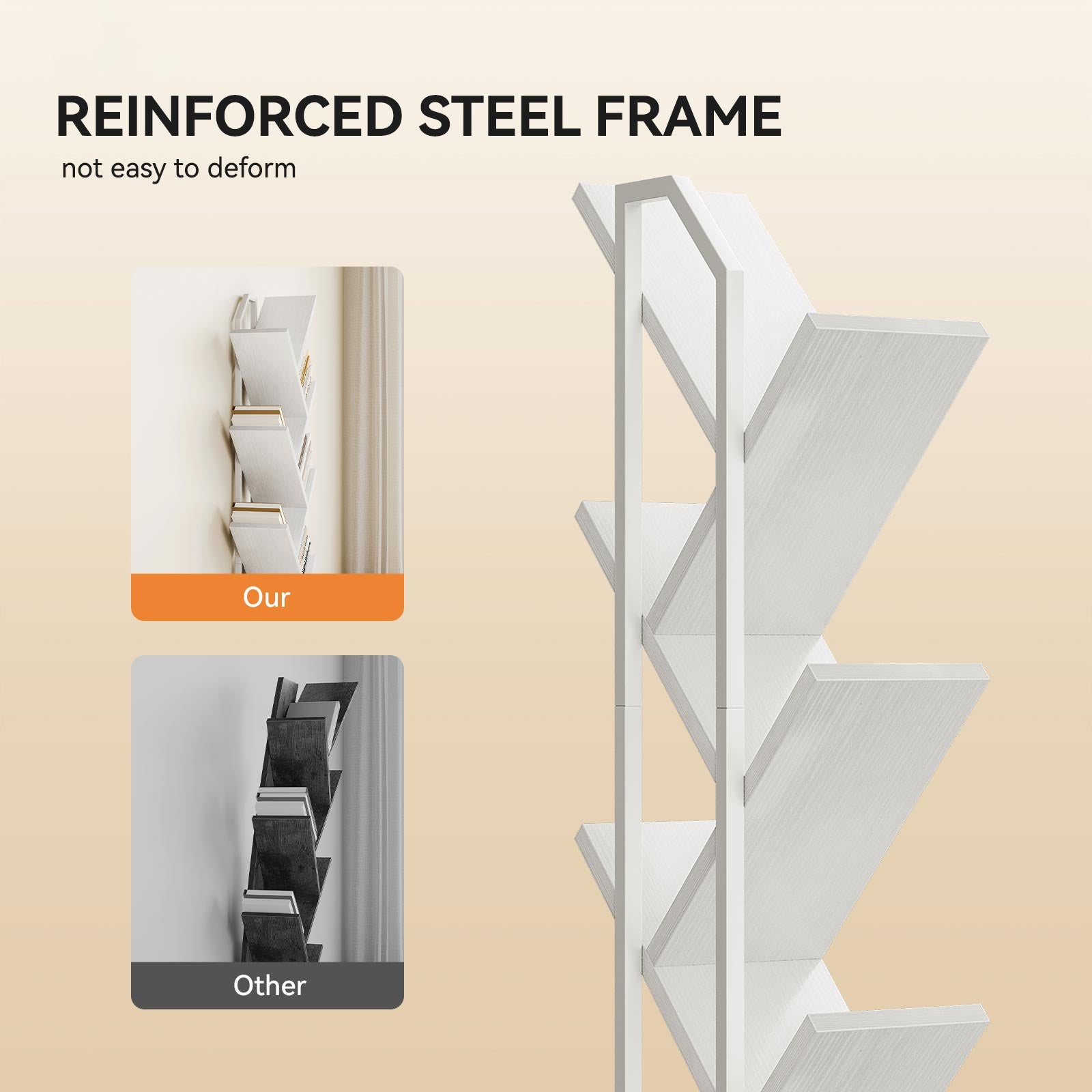 Close-up of the reinforced steel frame on a Coleshome tree-shaped bookshelf, white finish