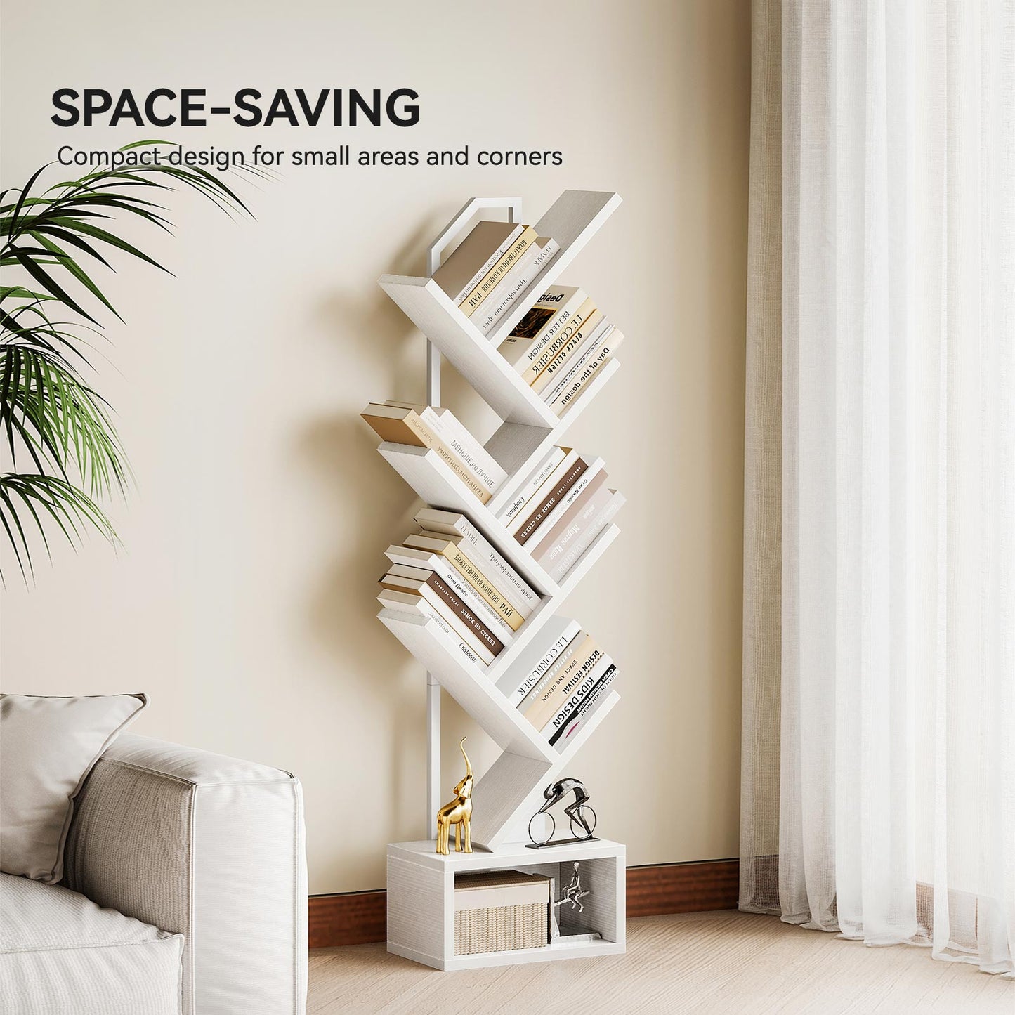 Coleshome tree-shaped bookshelf, white finish, showing a space-saving design for small corners