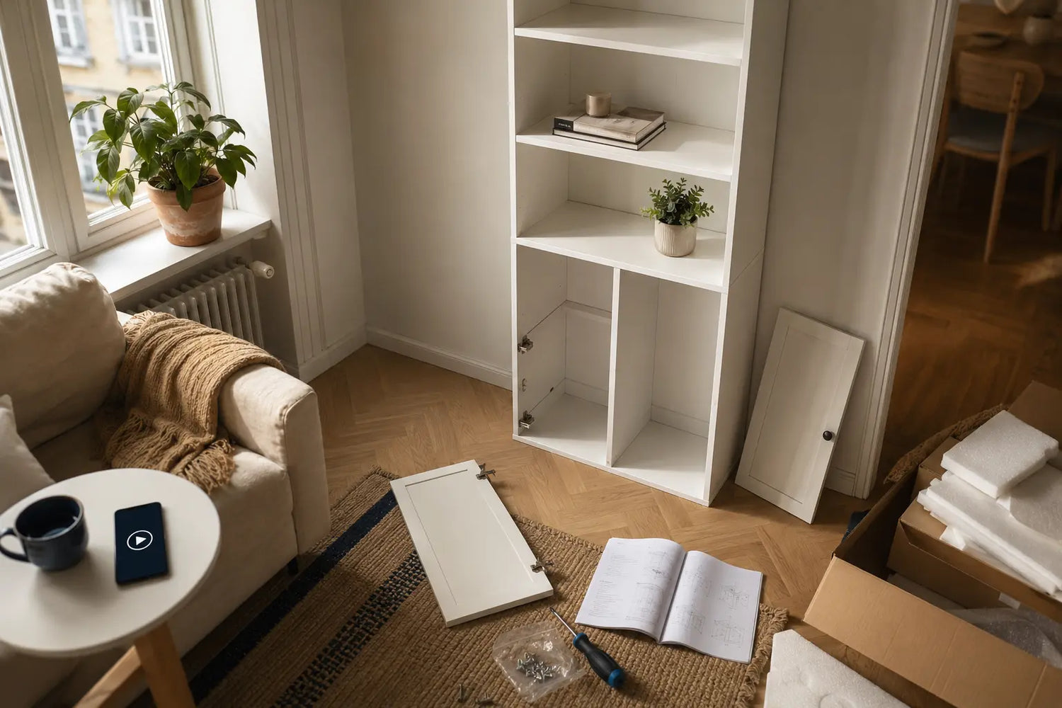 White bookcase with cabinet doors being assembled in a small European apartment, with tools, manual, packaging and an iPhone video guide on a side table.