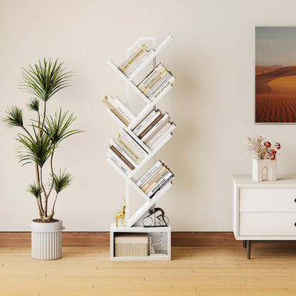 Coleshome tree-shaped bookshelf with base storage, white finish, styled in a living room