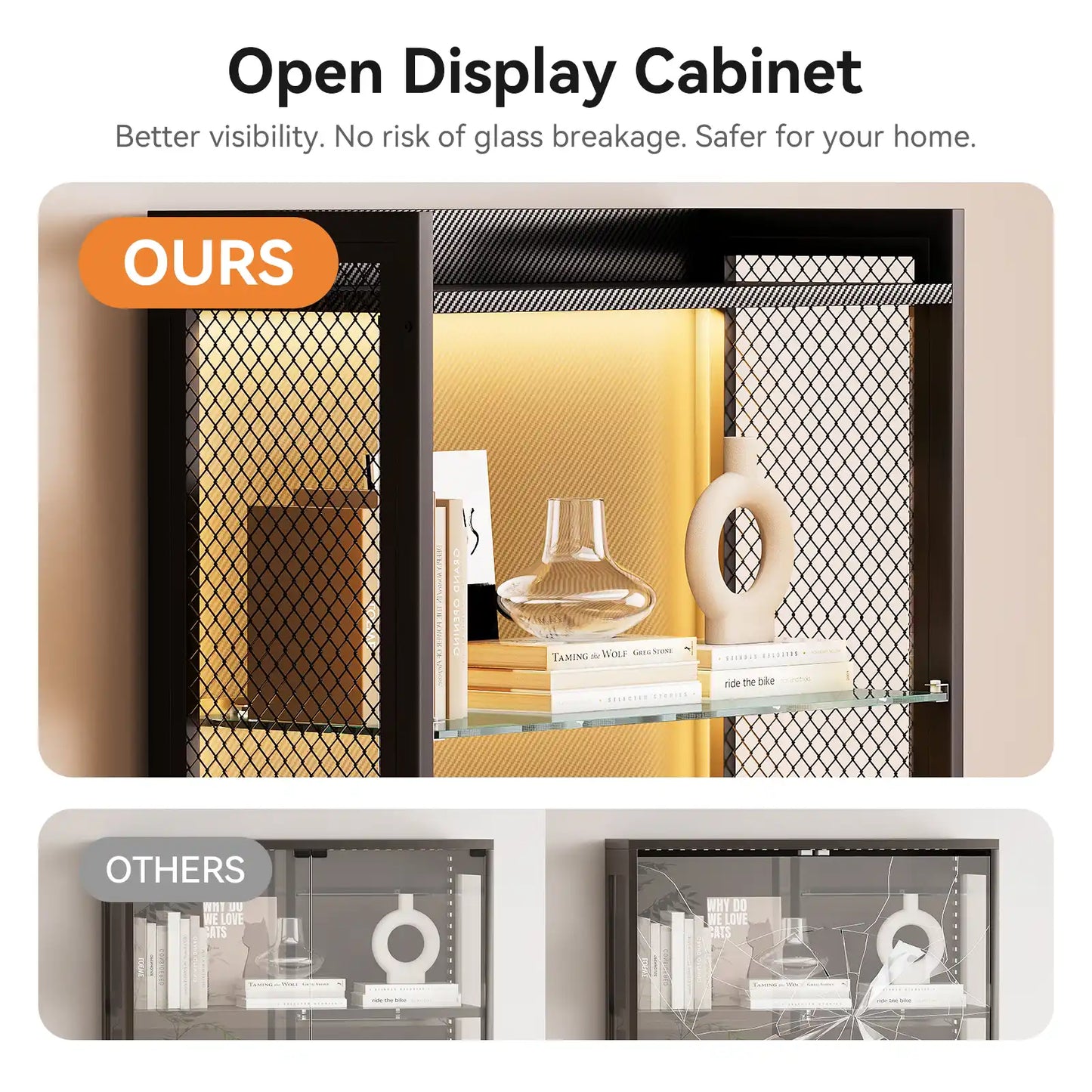 Open display cabinet with black metal mesh doors and glass shelves, shown in a comparison layout labeled OURS versus OTHERS. The cabinet is styled with books, a glass vase, and decorative objects, with warm yellow backlighting inside.
