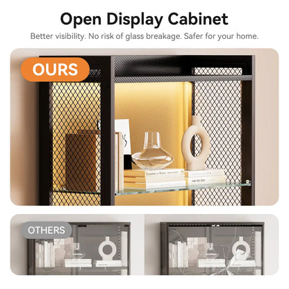 Open display cabinet with black metal mesh doors and glass shelves, shown in a comparison layout labeled OURS versus OTHERS. The cabinet is styled with books, a glass vase, and decorative objects, with warm yellow backlighting inside.
