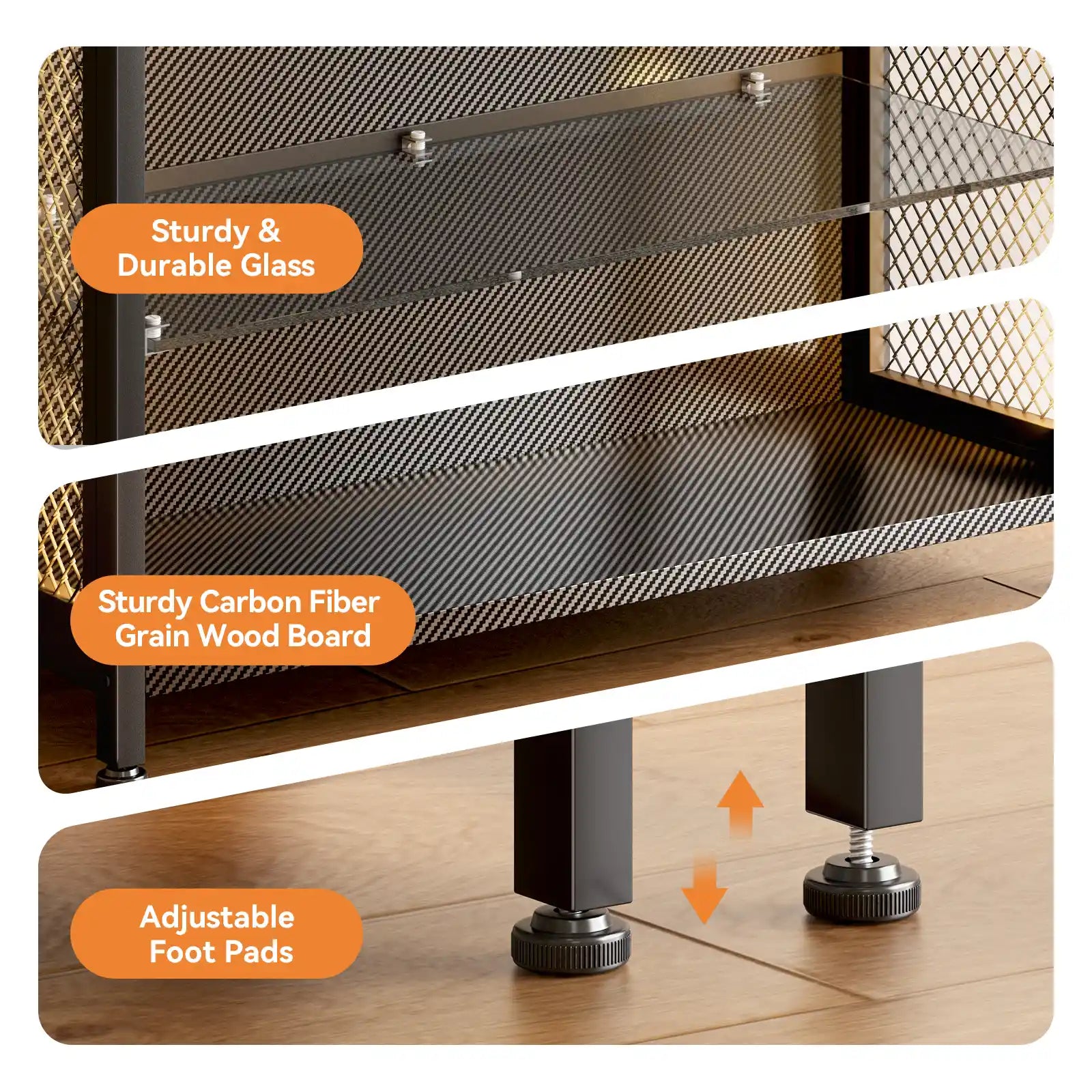 Close-up product detail of a shelving unit showing three labeled features: sturdy and durable glass shelves, sturdy carbon fiber grain wood boards, and adjustable foot pads, with orange text bubbles and arrows on a wood floor background.