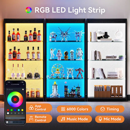 Three framed RGB LED light strip display cabinets showcasing different lighting effects: warm yellow, bright blue, and cool white. The cabinets are styled with bottles, action figures, and books.