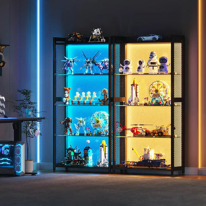 Two tall black metal shelving display cabinets with illuminated glass doors, filled with toys, models, and collectibles, set in a modern room with blue and warm yellow ambient lighting.