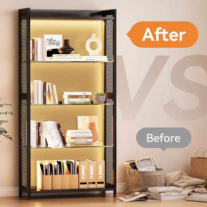 A tall black metal shelving unit with four shelves and warm LED lighting, shown in a styled room setting with books, binders, and home decor. Large text overlays read 'After' and 'Before' with a faint 'VS' in the background, indicating a comparison of storage or organization results.