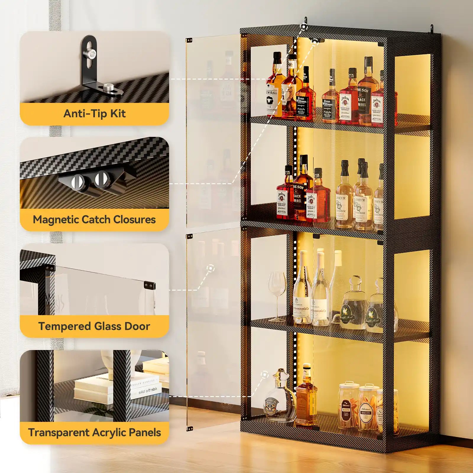 A 4-tier bar cart with a black metal frame, transparent tempered glass doors, and warm yellow LED lighting, shown with feature callout inset images on the left.