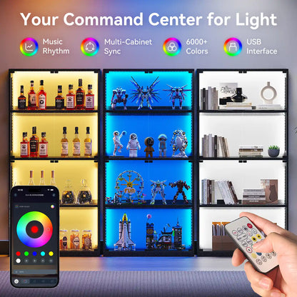 A 6-light magnetic wall cabinet shelving system shown illuminated in three color modes (warm yellow, cool blue, and white) with various decorative items on the shelves. A hand holds a white remote control in the lower right corner, and a smartphone displaying a color wheel app is shown in the lower left.