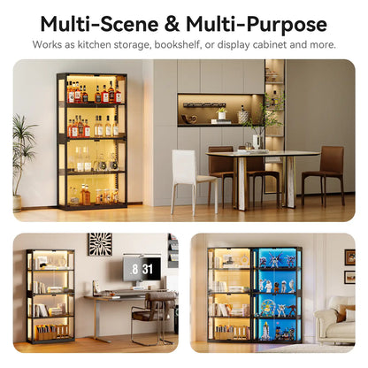 A multi-scene product presentation of a tall, narrow shelving cabinet with black metal framing and warm LED lighting. The top panel shows the cabinet in a modern kitchen/dining setting, the bottom-left shows it as a desk shelf, and the bottom-right shows it as a display cabinet with blue lighting for collectibles.