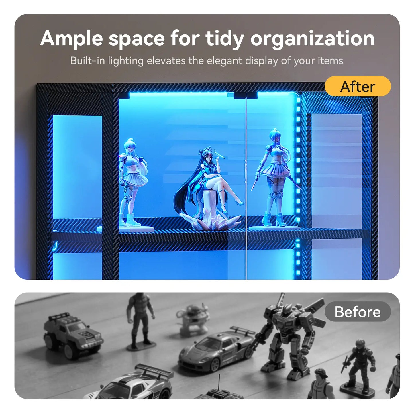 A promotional comparison graphic for a display box. The top half shows a blue-lit black display case with anime figurines inside, under the text 'Ample space for tidy organization' and labeled 'After.