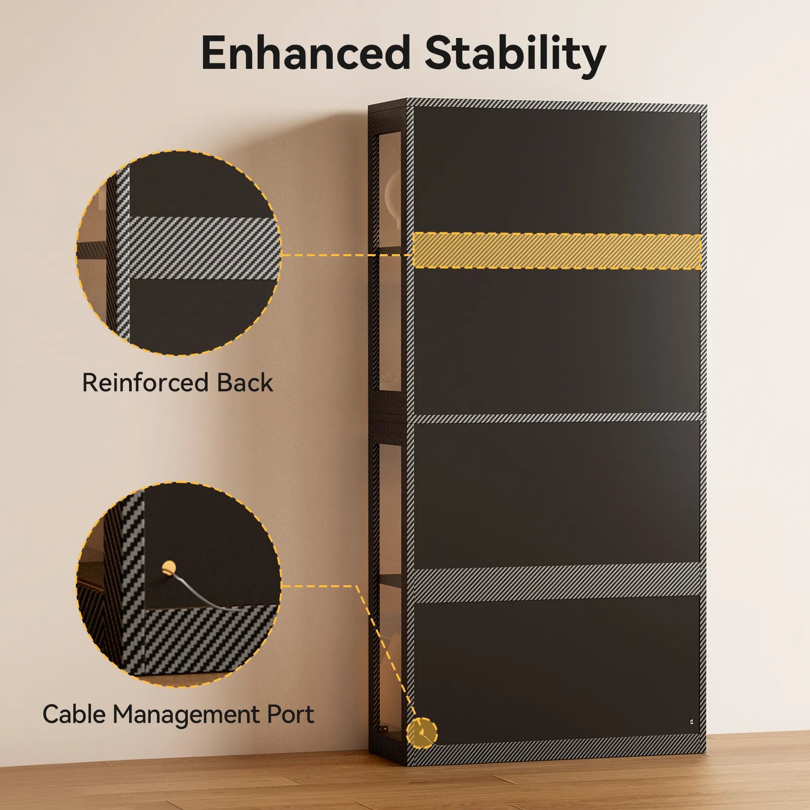 A tall black storage cabinet or server rack shown on a beige wall with a wood floor, with callout circles highlighting reinforced back panels and cable management port details. Text at the top reads 'Enhanced Stability'.