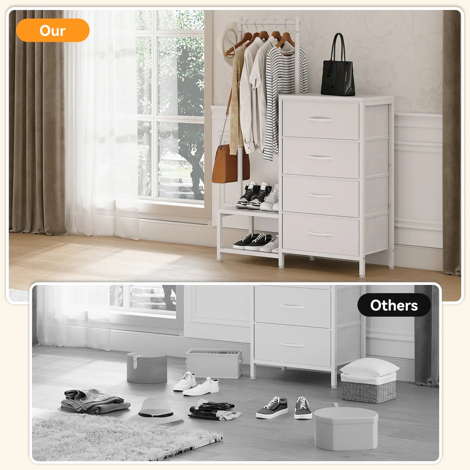 A collage showing a white wooden storage cabinet in a home interior. The top panel, labeled 'Our', shows the cabinet styled with hanging clothes, shoes, and a handbag.