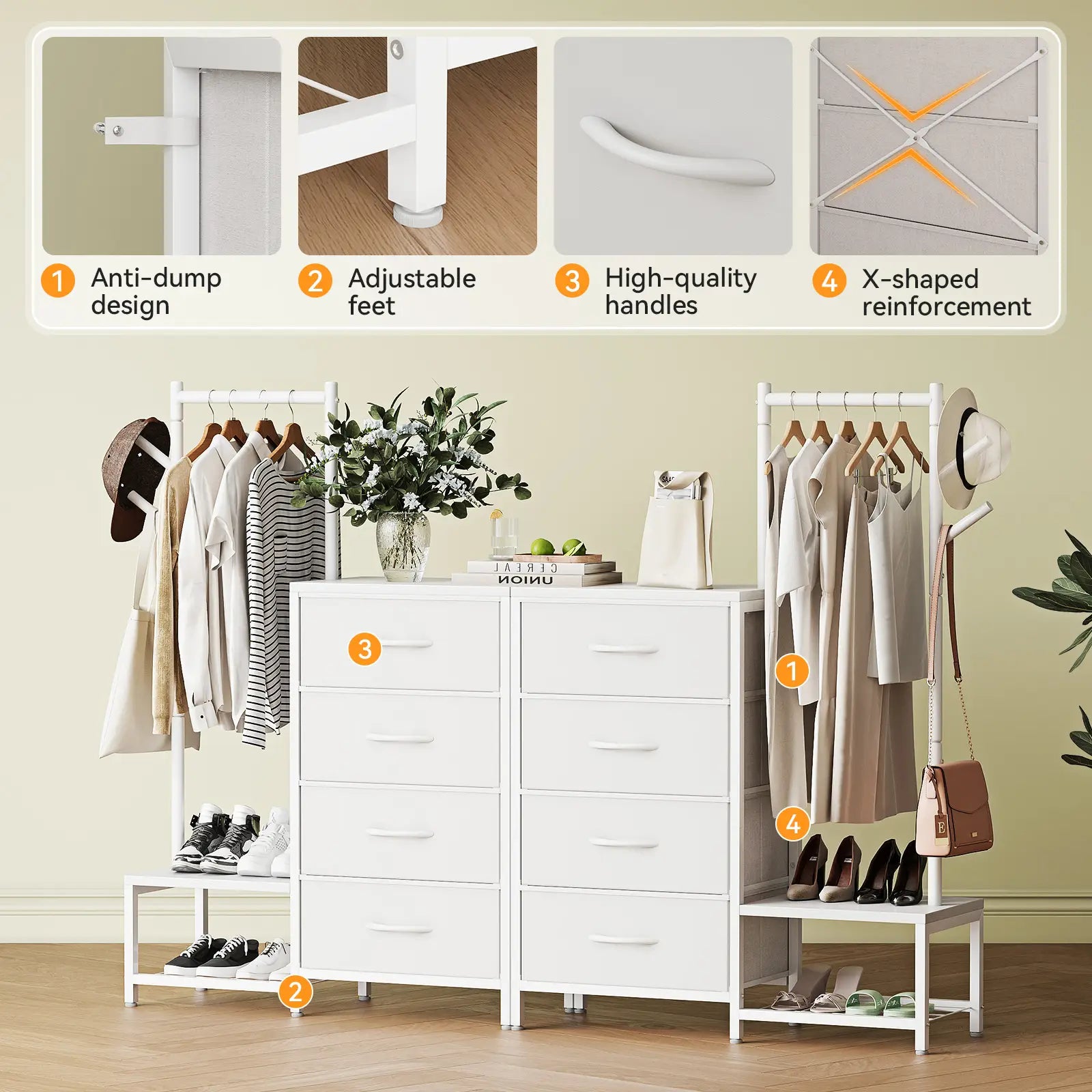 White modular storage furniture set in a styled room, featuring a central six-drawer dresser flanked by two hanging racks with shelves. The image includes four feature callout panels at the top with numbered labels pointing to anti-dump design, adjustable feet, high-quality handles, and X-shaped reinforcement.