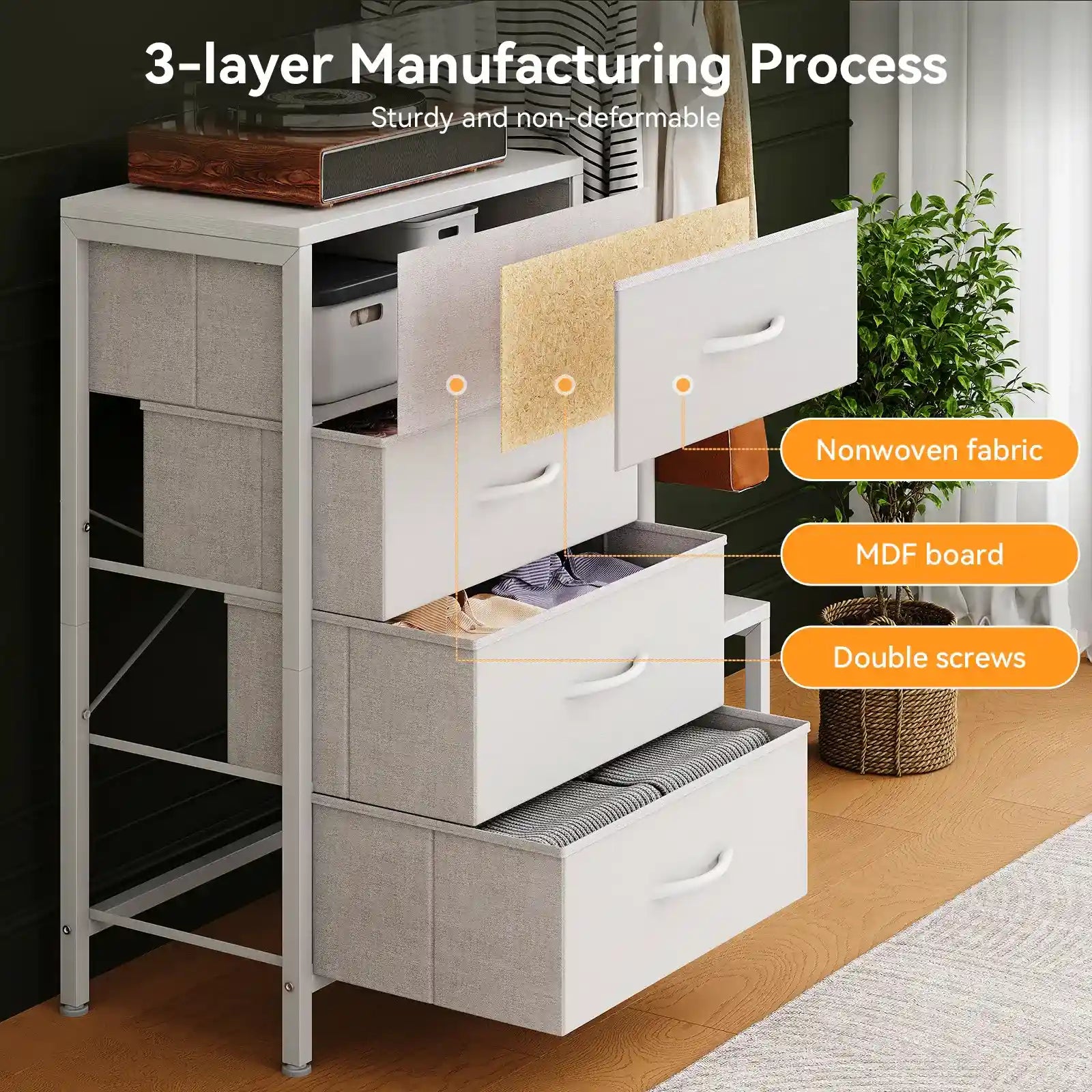A 3-layer storage cabinet with white MDF drawer fronts and light gray fabric bins, shown in a styled room setting with text callouts about its features.