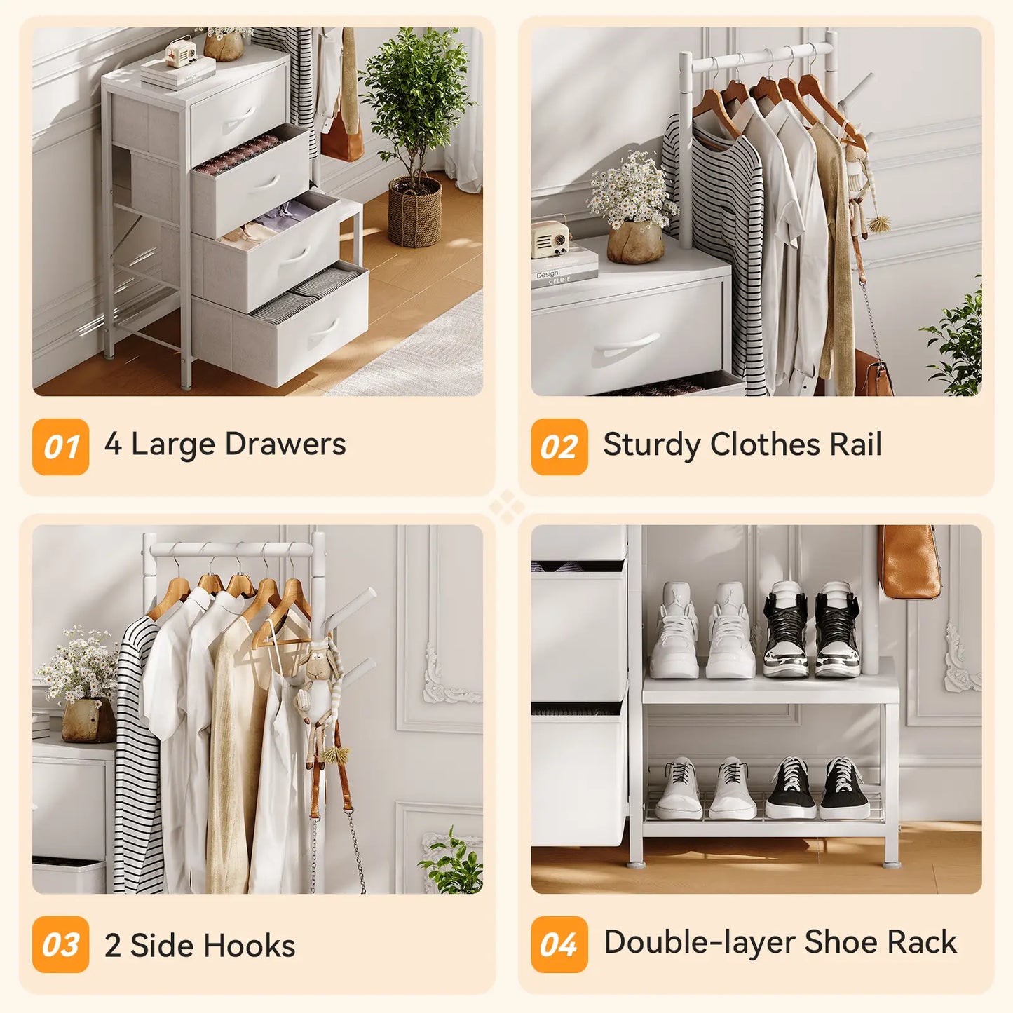 A 2x2 collage showing a white metal closet organizer with four feature callouts: 4 large drawers, a sturdy clothes rail, 2 side hooks, and a double-layer shoe rack, each shown styled in a bedroom setting.