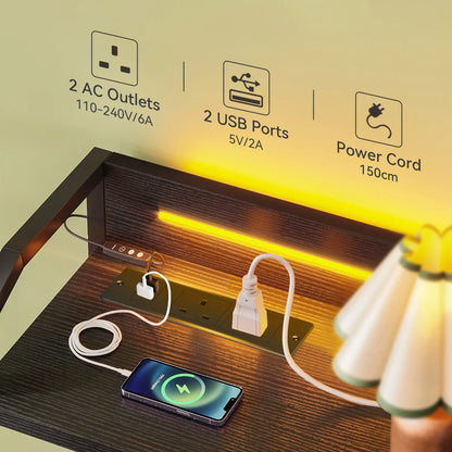 Underdesk power strip with AC outlets, USB ports, and power cord on a desk.
