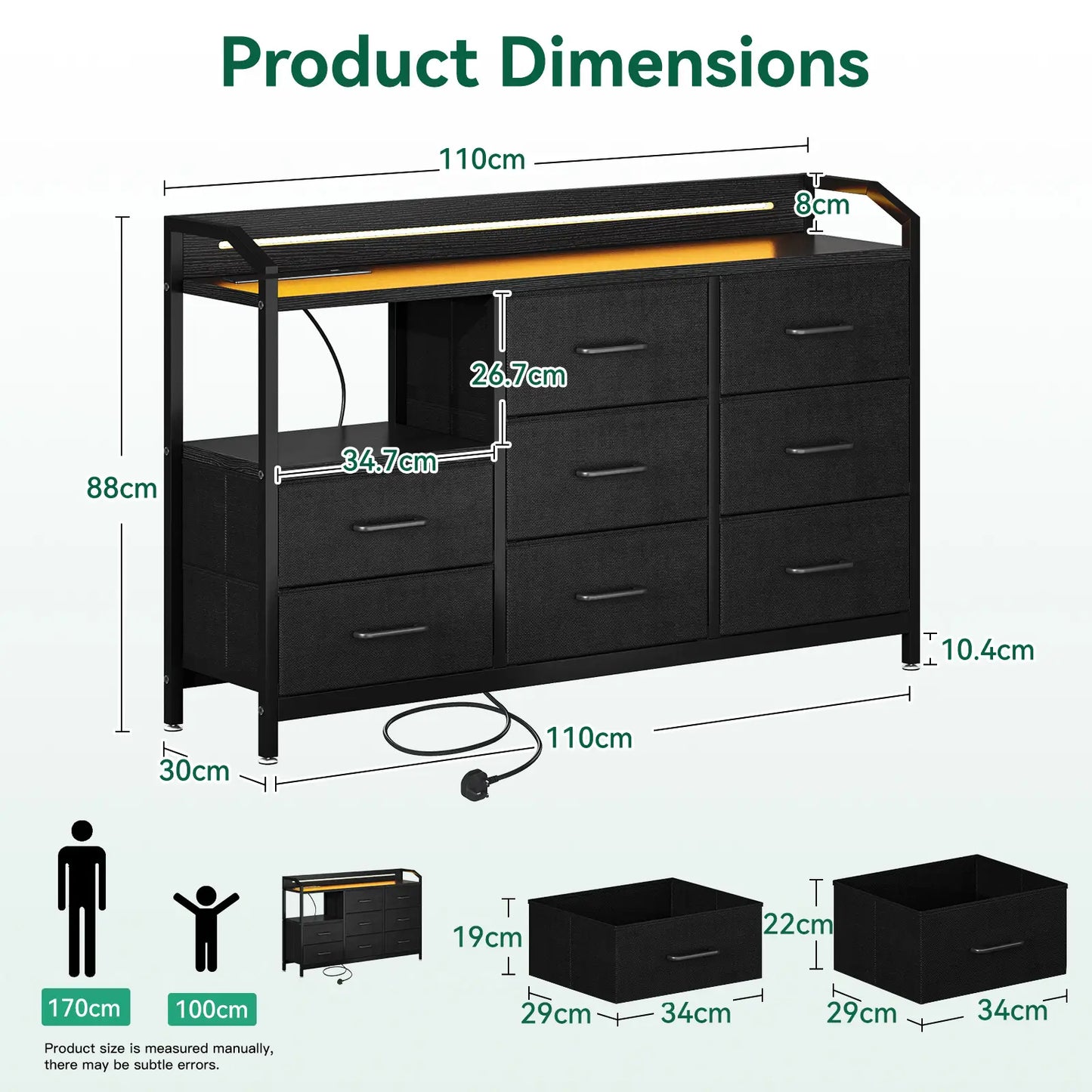 Product dimensions diagram for a black metal and wood storage bench with drawers and open shelving, showing measurements in centimeters with a light gray background.