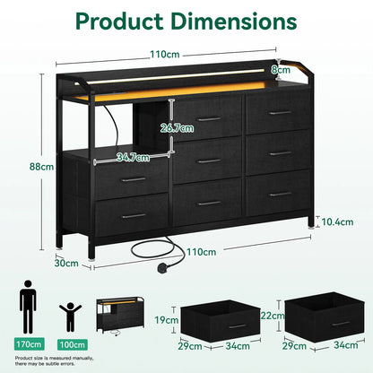 Product dimensions diagram for a black metal and wood storage bench with drawers and open shelving, showing measurements in centimeters with a light gray background.