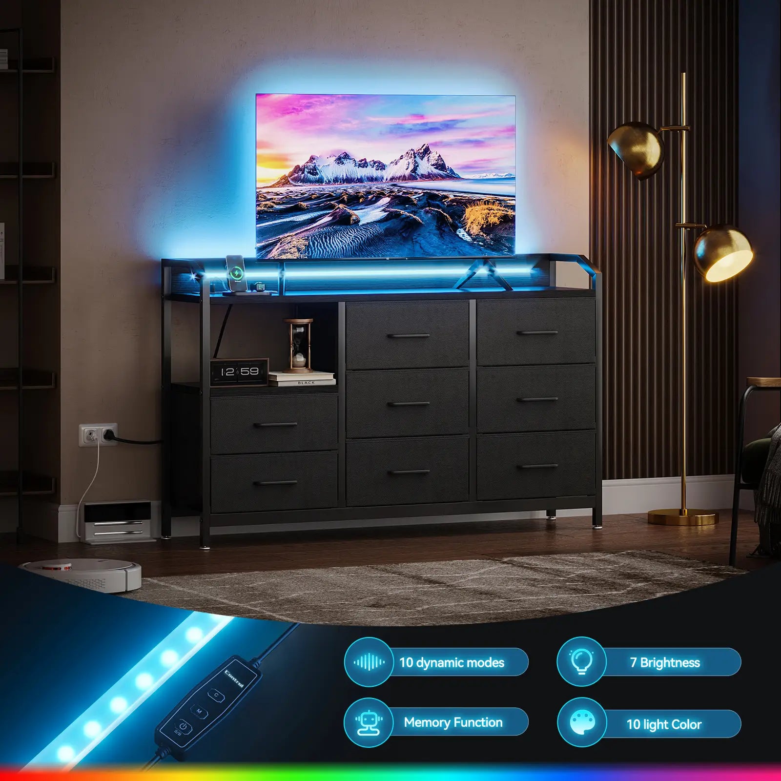 A modern black media console with a TV mounted above it, shown in a styled living room setting. The console has multiple drawers and open shelving, with a glowing blue LED light bar running horizontally beneath the TV.