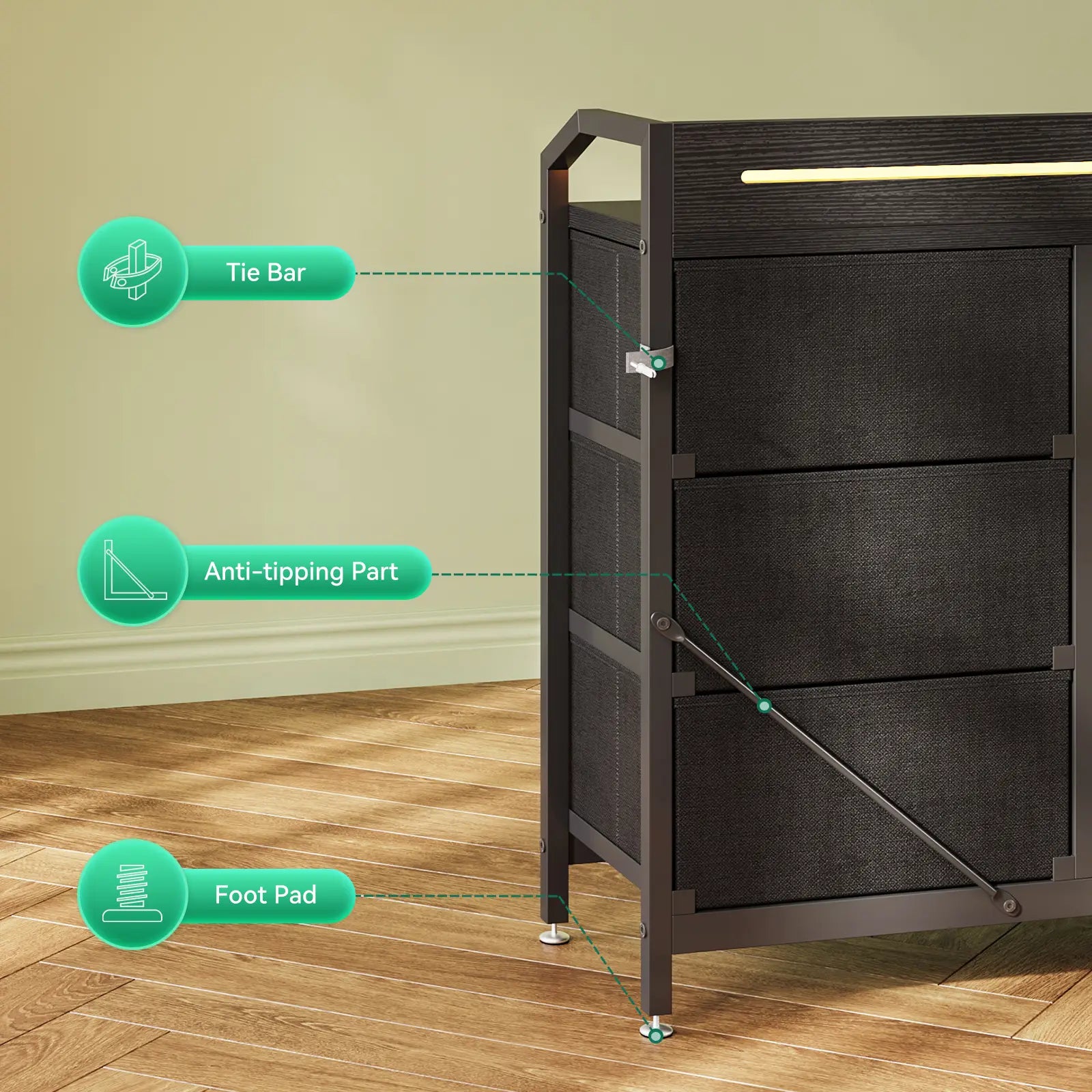 Dark wooden cabinet with labeled safety features on a wooden floor.