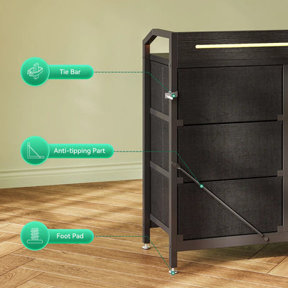 Dark wooden cabinet with labeled safety features on a wooden floor.