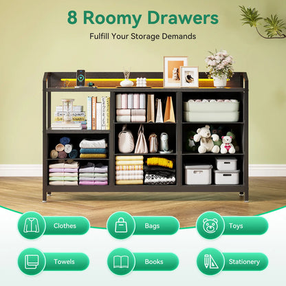 A dark brown 8-compartment room organizer shelf with a top hanger bar, shown filled with various household items like clothes, towels, books, and toys. The image is set in a room with a light green wall and wood floor, with text overlays at the top and green icons at the bottom indicating storage categories.
