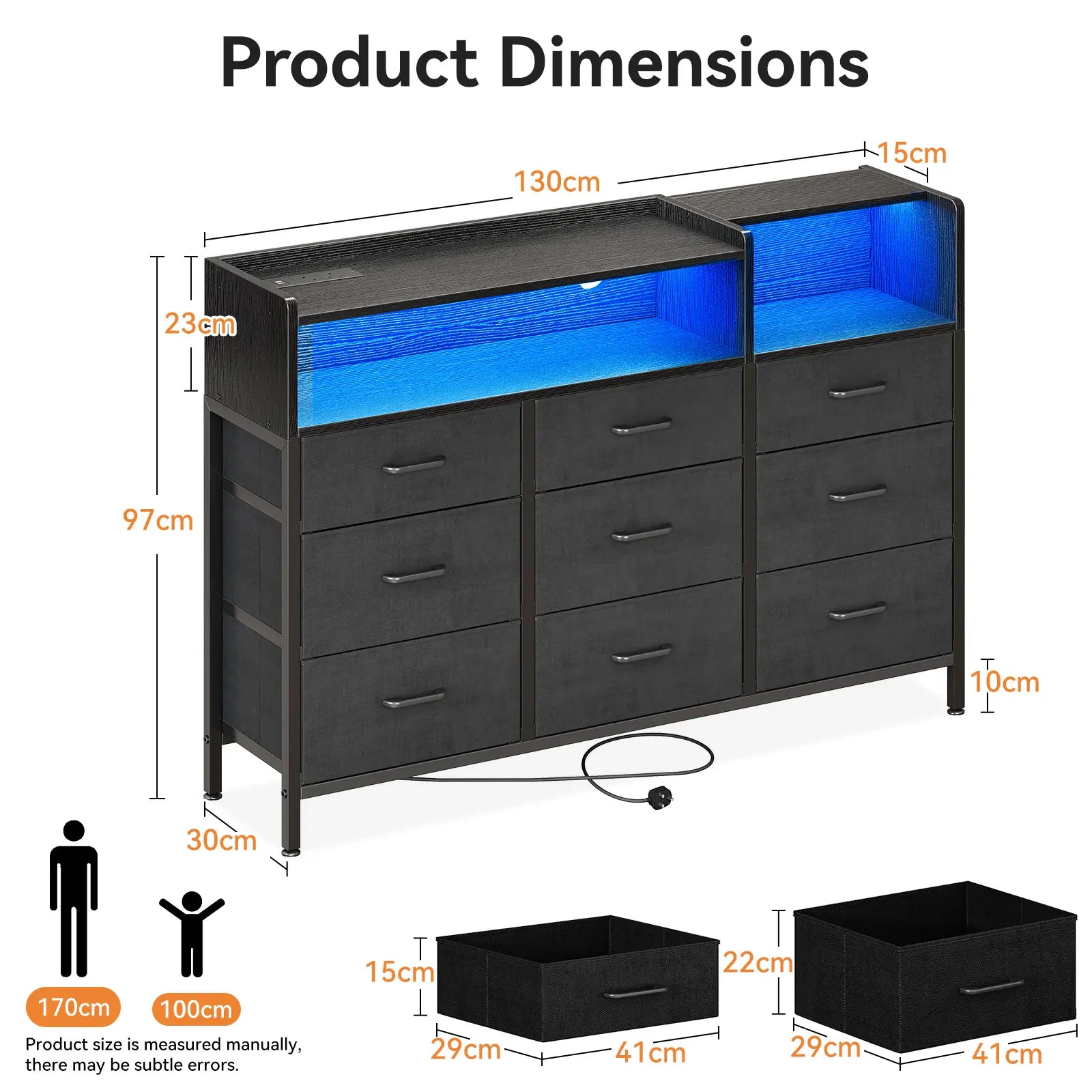 Product dimensions diagram for a black storage dresser with drawers and illuminated blue LED light compartments, showing overall height, width, and depth measurements plus drawer and storage box dimensions.