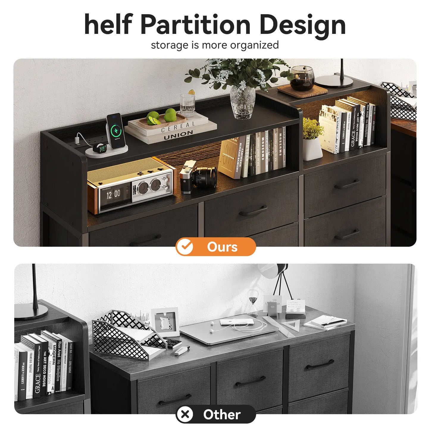 A comparison-style product image showing two views of a dark wood storage cabinet with shelves and drawers. The top half is in color and labeled 'Ours' with decorative objects on top, while the bottom half is grayscale and labeled 'Other'.