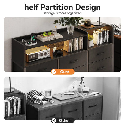 A comparison-style product image showing two views of a dark wood storage cabinet with shelves and drawers. The top half is in color and labeled 'Ours' with decorative objects on top, while the bottom half is grayscale and labeled 'Other'.