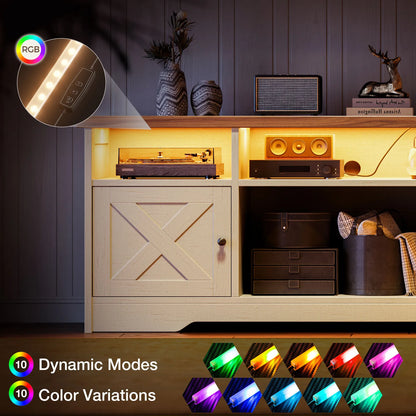 A built-in LED light bar under a wooden shelf of a cream-colored cabinet, shown illuminated with warm light. The image includes a circular inset showing the light bar controls, and a bottom banner displaying 'Dynamic Modes' and 'Color Variations' with RGB color swatches.