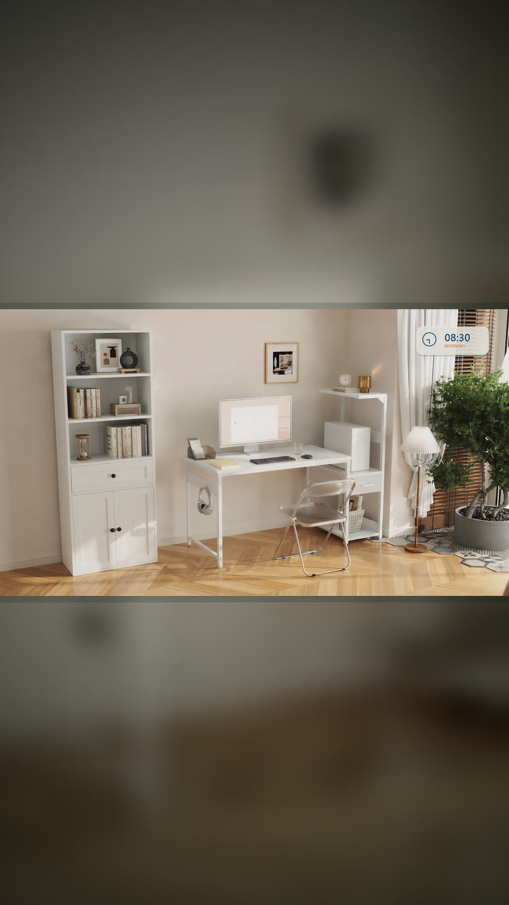 Vertical view of Coleshome desks and storage helping a shared room transition from focused work to calm everyday living, from morning to night.