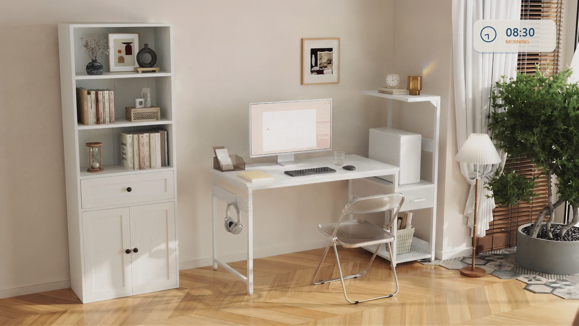 Coleshome desks and storage helping a shared room transition from focused work to calm everyday living, from morning to night.